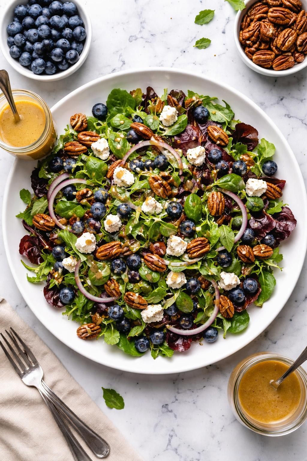 An overheard picture view of a plate of Blueberry Pecan Salad with Goat Cheese and Maple Dijon Dressing sitting on a marble countertop table in the kitchen, professional food photography style.