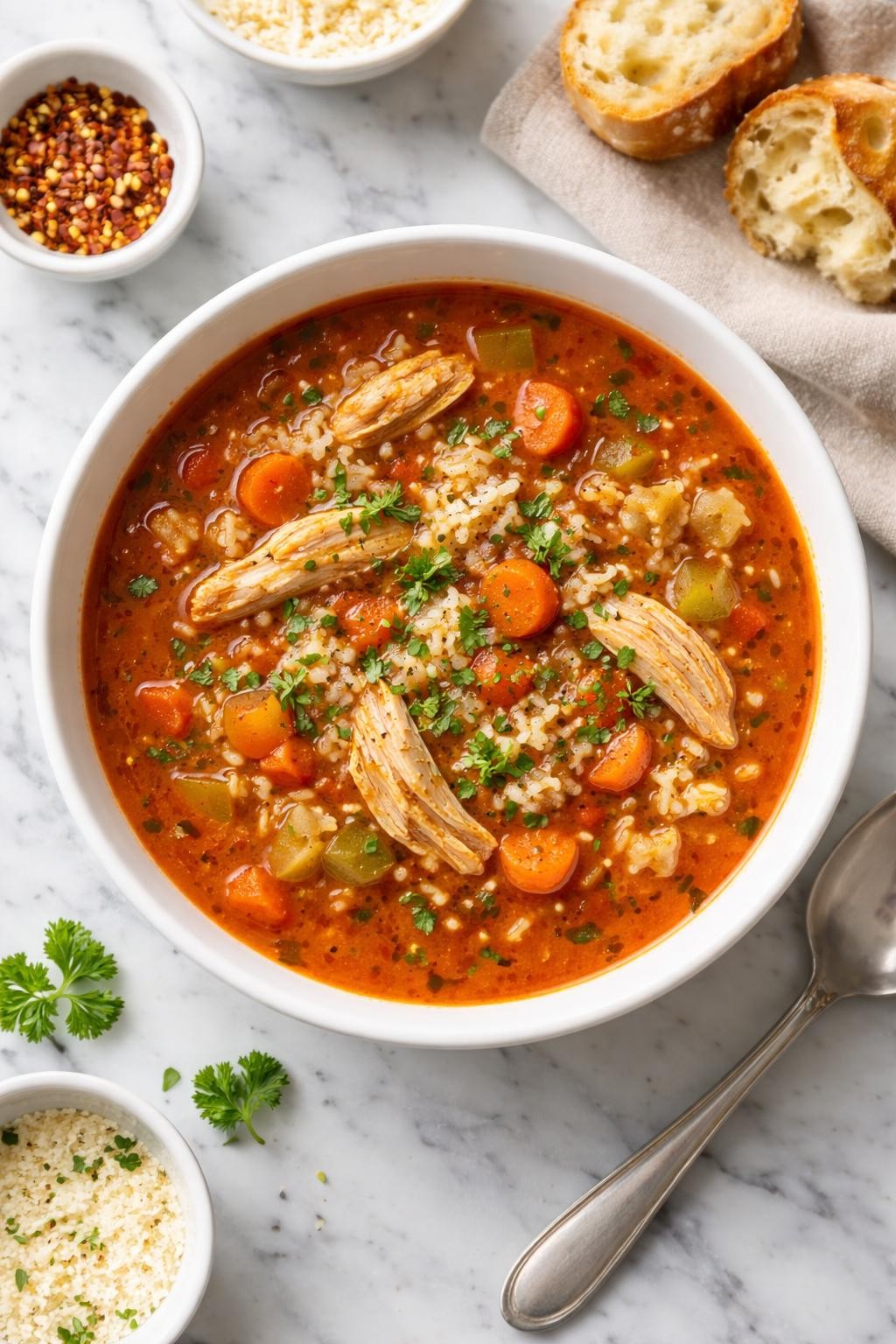 Image Prompt: Realistic top-down editorial food photography of a bowl of chicken and rice tomato soup on a clean white and gray marble countertop, tomato-rich broth with shredded chicken, white rice, carrots, celery, onion, and herbs, simple white bowl, bright natural window light, soft shadows, clean homemade styling, high detail, realistic food texture, no people, no hands, no text, no watermarks, no props with writing.