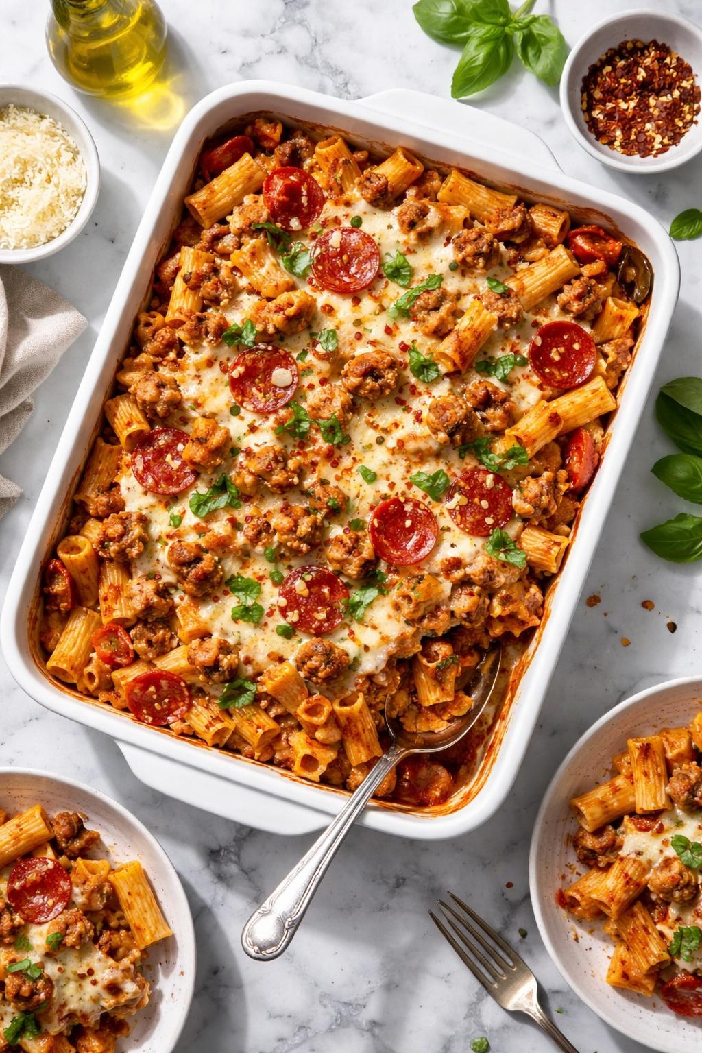 Image Prompt: Realistic top-down editorial food photography of sweet Italian sausage pizza pasta in a baking dish on a clean white and gray marble countertop, pasta baked with sweet Italian sausage, marinara, mozzarella, and herbs, golden cheesy top, bright natural daylight, soft shadows, fun family dinner styling, high detail, realistic food texture, no people, no hands, no text, no watermarks, no props with writing.