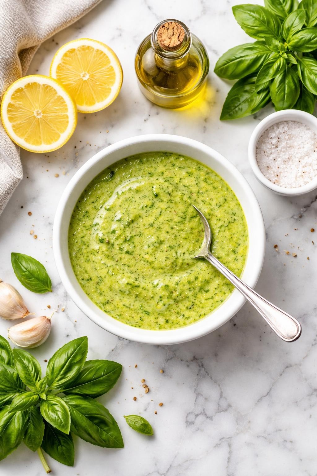 An overheard picture view of a plate of Lemon Basil Blender Dressing Version sitting on a marble countertop table in the kitchen, professional food photography style.