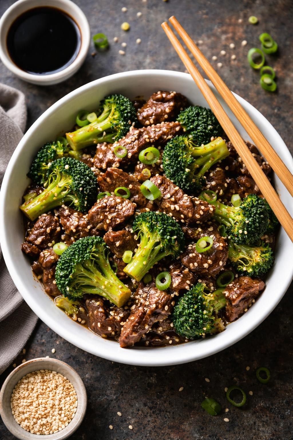 "Realistic top-down food photography of a white bowl filled with beef and broccoli stir-fry on a dark countertop. The beef is thinly sliced and tender, the broccoli is bright green, and the sauce is glossy and dark. Sesame seeds and sliced green onions on top. A pair of chopsticks resting on the bowl. Bright natural light, takeout-style dinner at home, no people, no hands, no text, no watermarks."