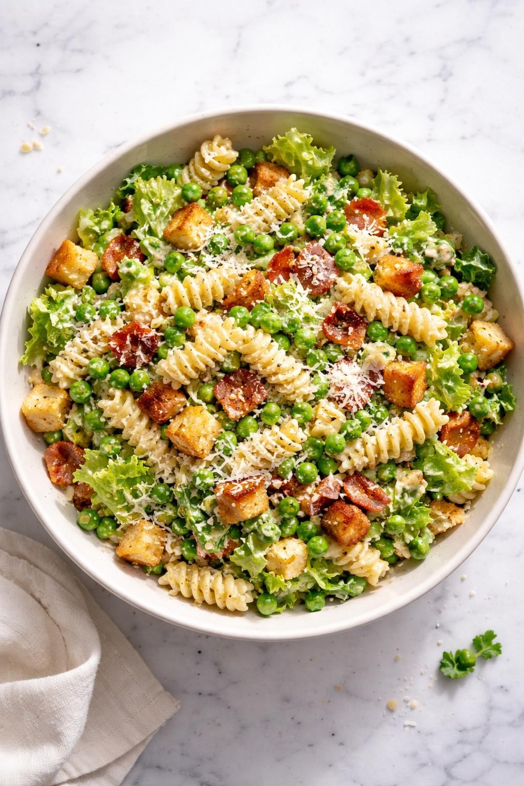 Image Prompt: Realistic top-down editorial food photography of Caesar pasta salad with bacon and peas in a simple serving bowl on a clean white marble countertop, rotini pasta mixed with chopped romaine, crispy bacon, green peas, creamy Caesar dressing, parmesan, and croutons, fresh homemade styling, bright natural daylight, soft shadows, no people, no hands, no text, no watermarks, no props with writing.