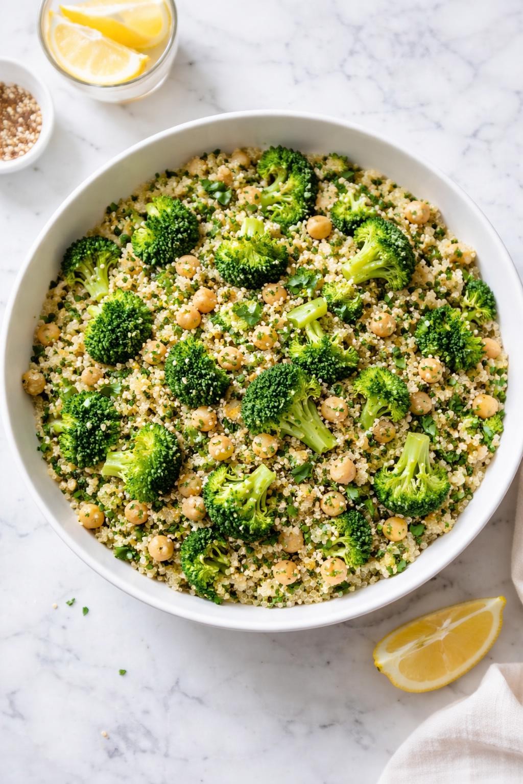 Image Prompt: Realistic top-down editorial food photography of a vegan broccoli quinoa salad in a large white bowl on a clean marble countertop, fluffy quinoa with chopped broccoli, chickpeas, and lemon dressing, fresh meal prep friendly styling, bright natural window lighting, no people, no hands, no text, no watermarks, no props with writing.