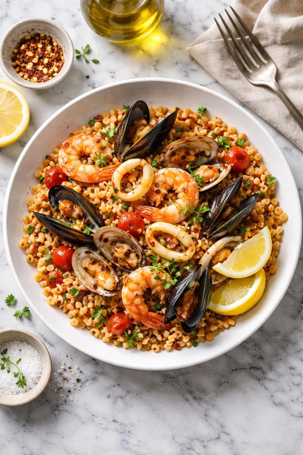 An overheard picture view of a plate of Sardinian Fregola with Seafood sitting on a marble countertop table in the kitchen, professional food photography style.
