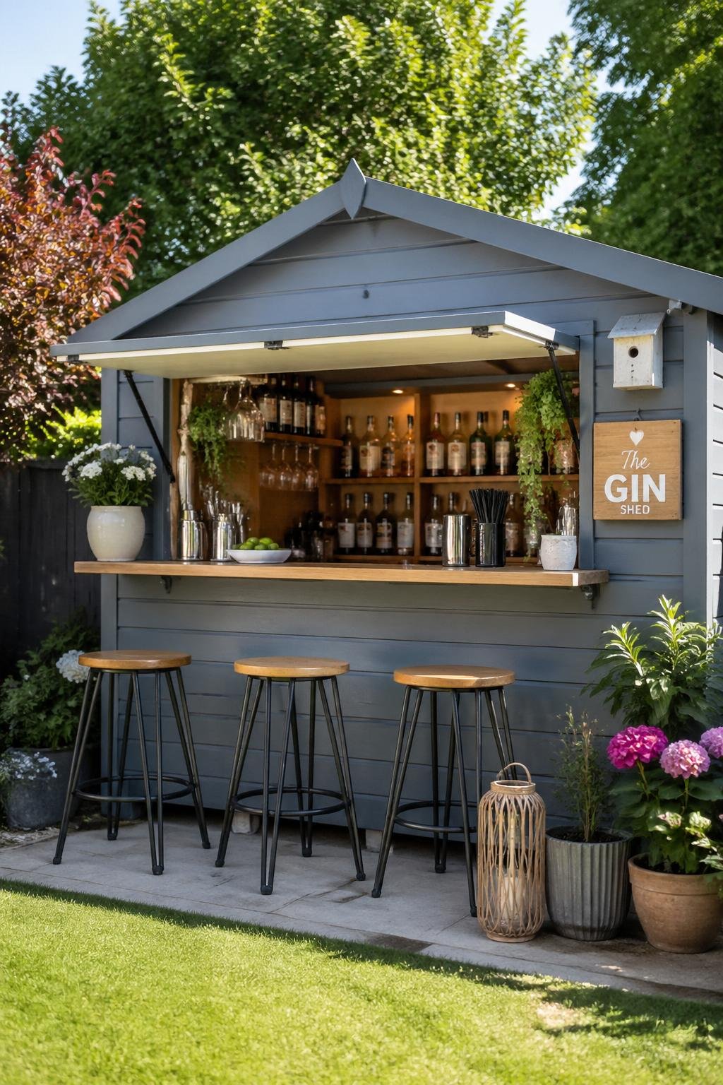 A garden shed converted into an outdoor bar with a serving hatch, stools, and garden plants around it.