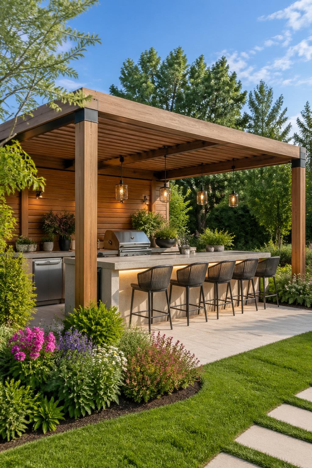 A modern pergola bar with a built-in counter surrounded by garden plants and flowers.