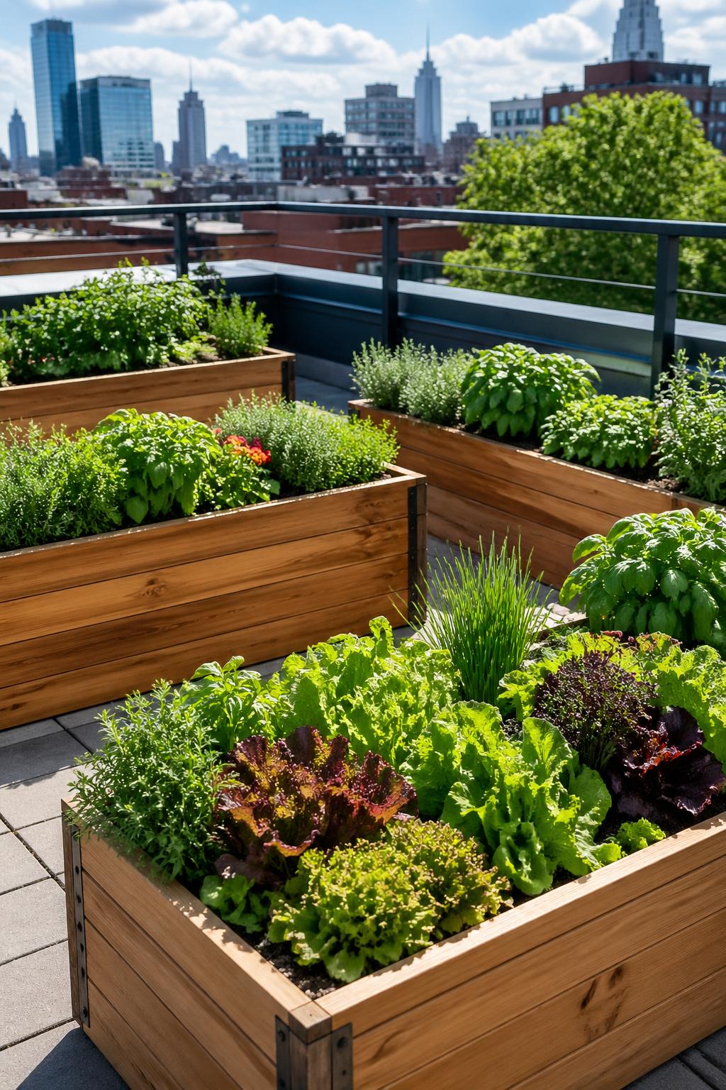 Rooftop garden with cedar raised beds filled with fresh herbs and salad greens on a city terrace.
