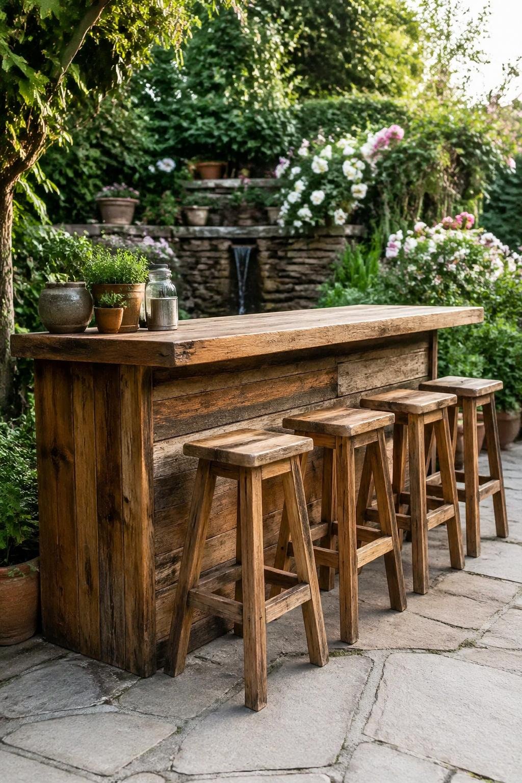 An outdoor garden bar made of reclaimed wood with matching stools surrounded by green plants and flowers.