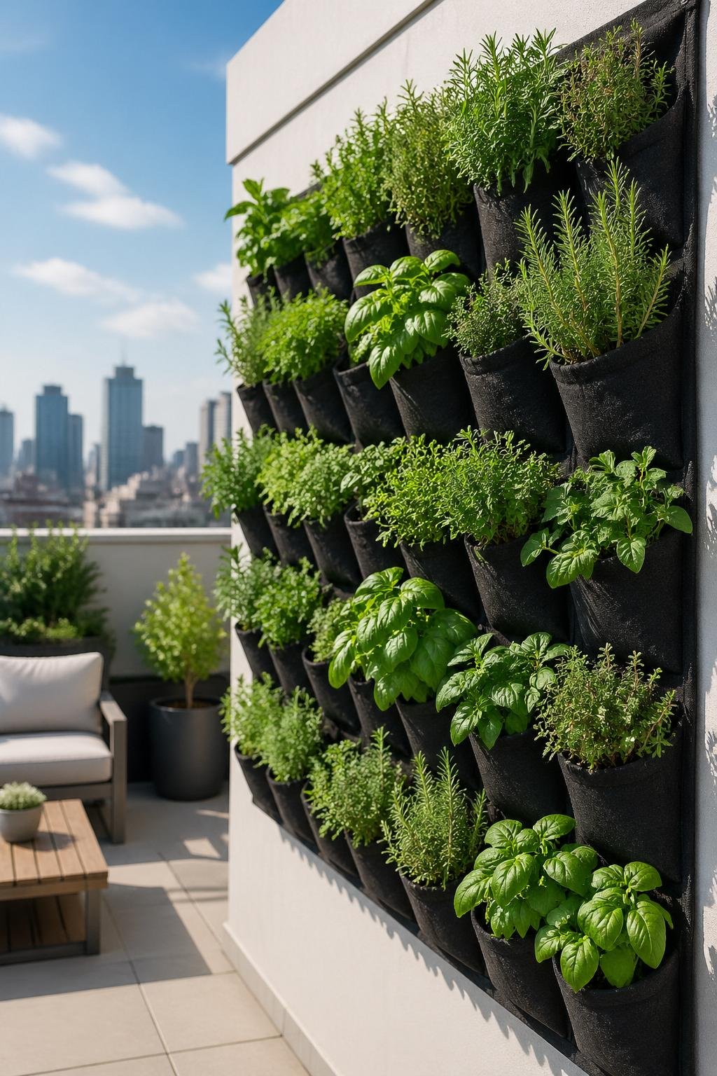 A rooftop garden with a vertical herb planter wall made of wall-mounted pocket panels filled with green herbs under a clear sky.