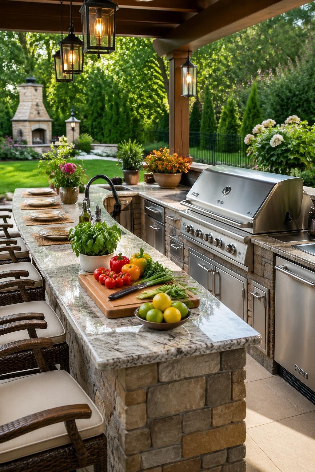 An outdoor kitchen bar with a grill, prep station, bar stools, and surrounding garden plants.