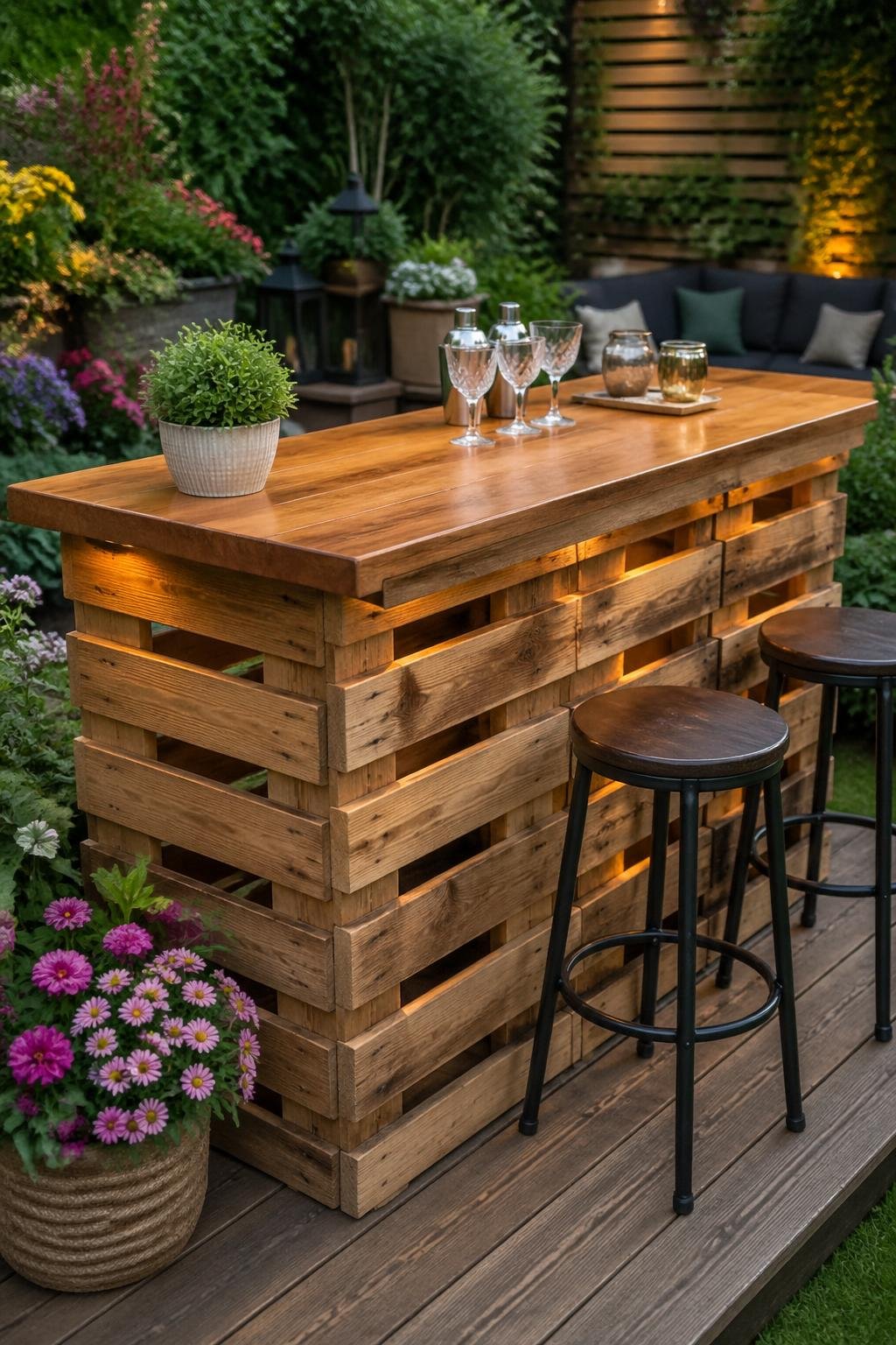 Outdoor garden bar made from wooden pallets with a sealed timber top surrounded by plants and flowers.