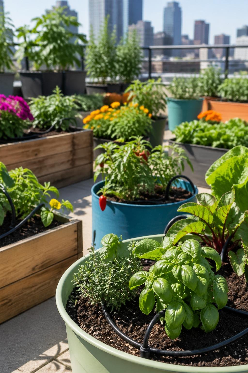 A rooftop garden with containers and raised beds using a compact drip irrigation system to water various plants.