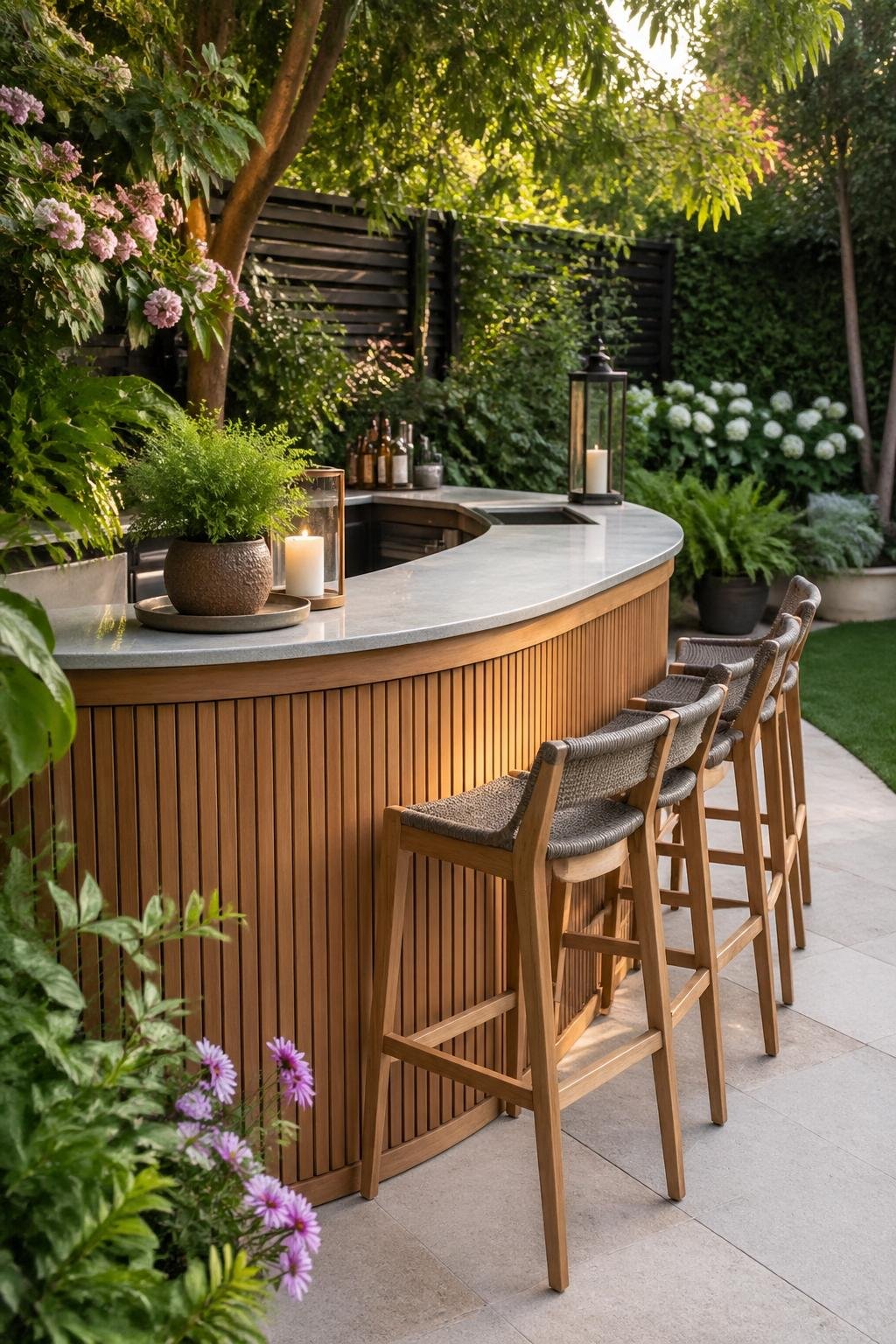 Curved wooden garden bar island surrounded by green plants and flowers in an outdoor garden setting.