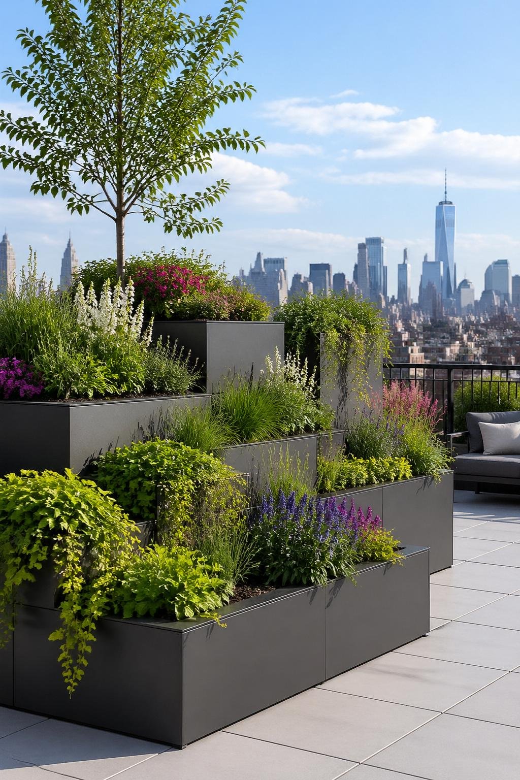 Rooftop garden with rectangular planters arranged at different heights, filled with green plants and flowers under a clear sky.