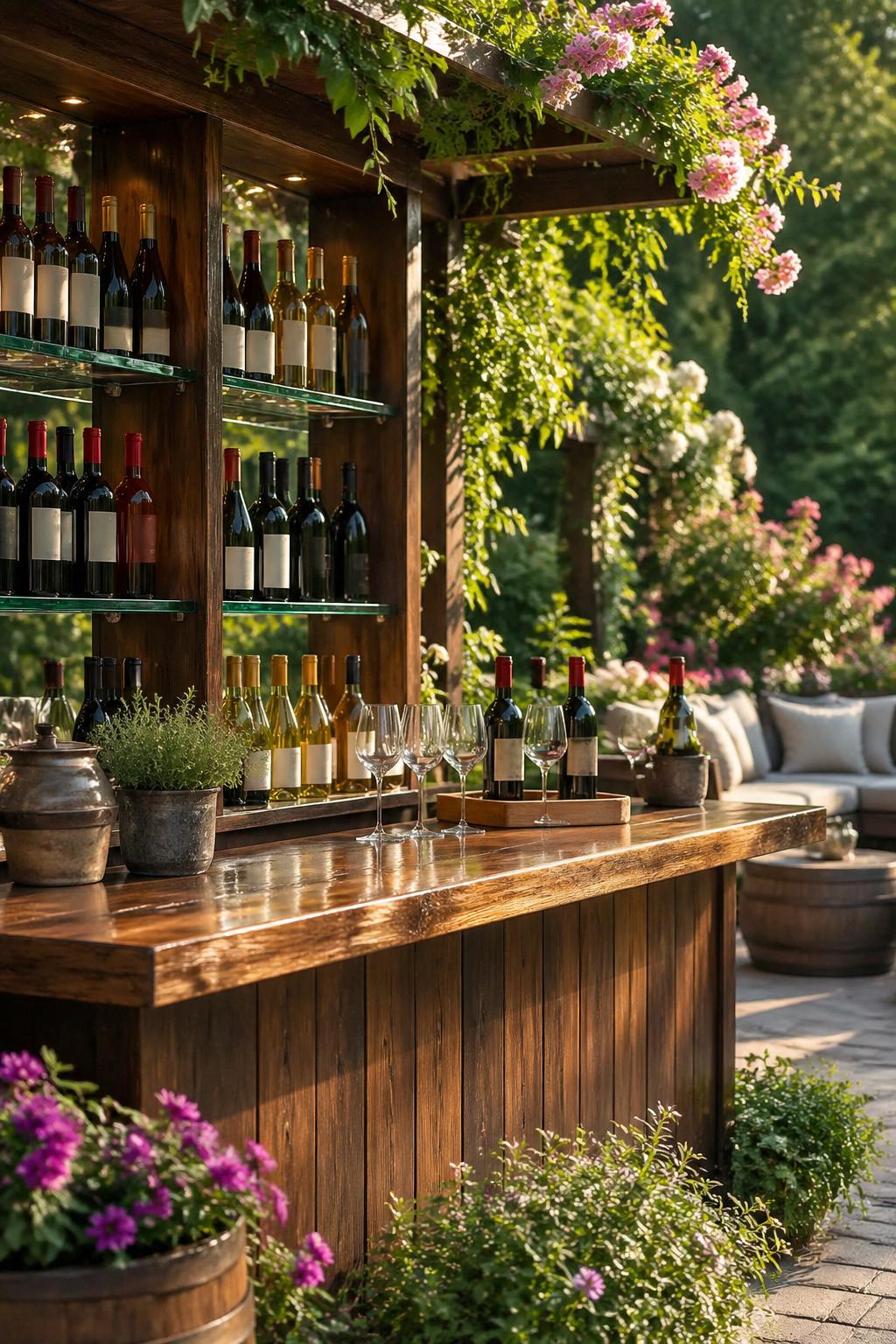 Outdoor wine tasting garden bar with glass shelves displaying wine bottles, surrounded by greenery and garden seating.