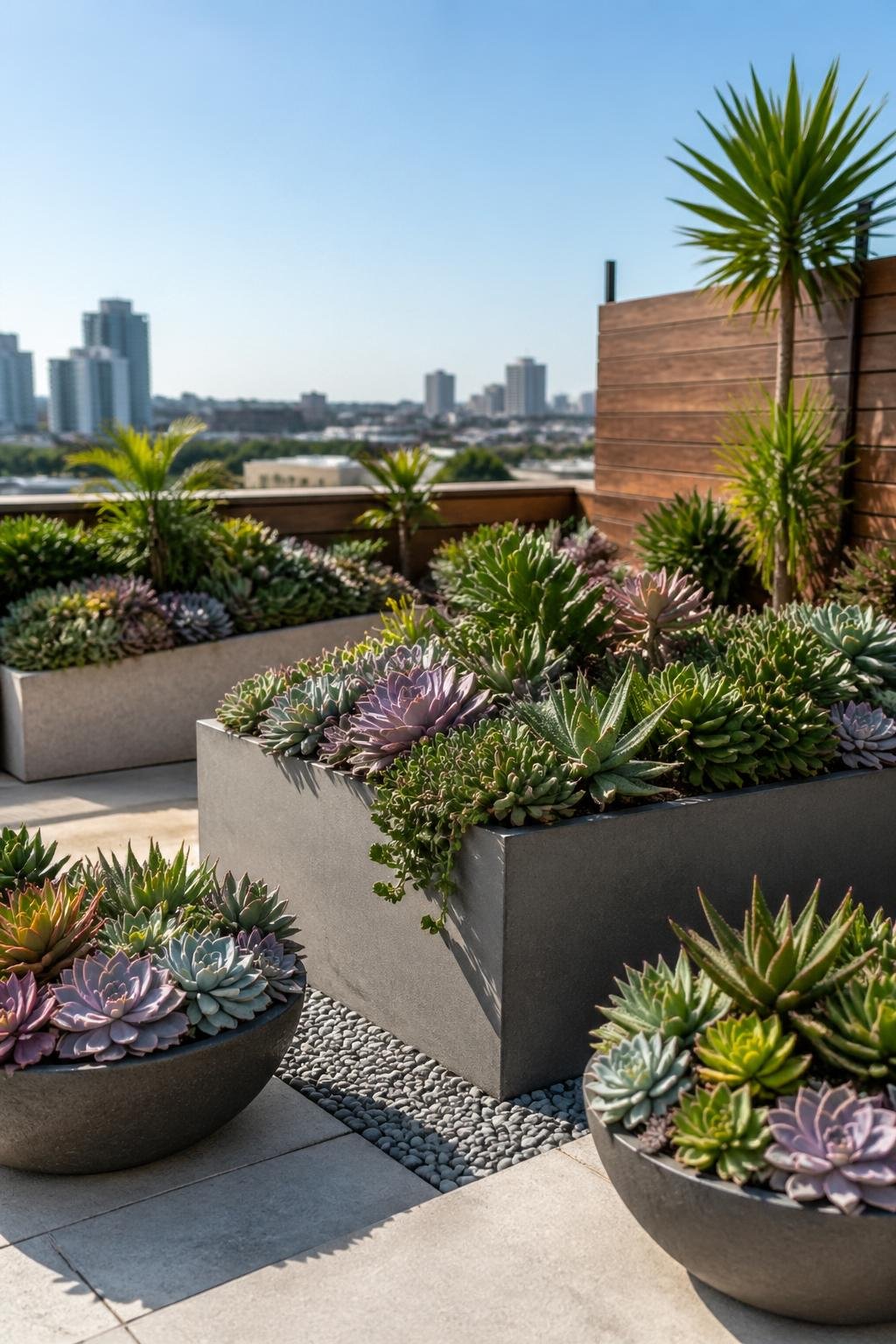 A rooftop garden corner filled with various drought-tolerant succulents and echeveria plants under a clear blue sky.