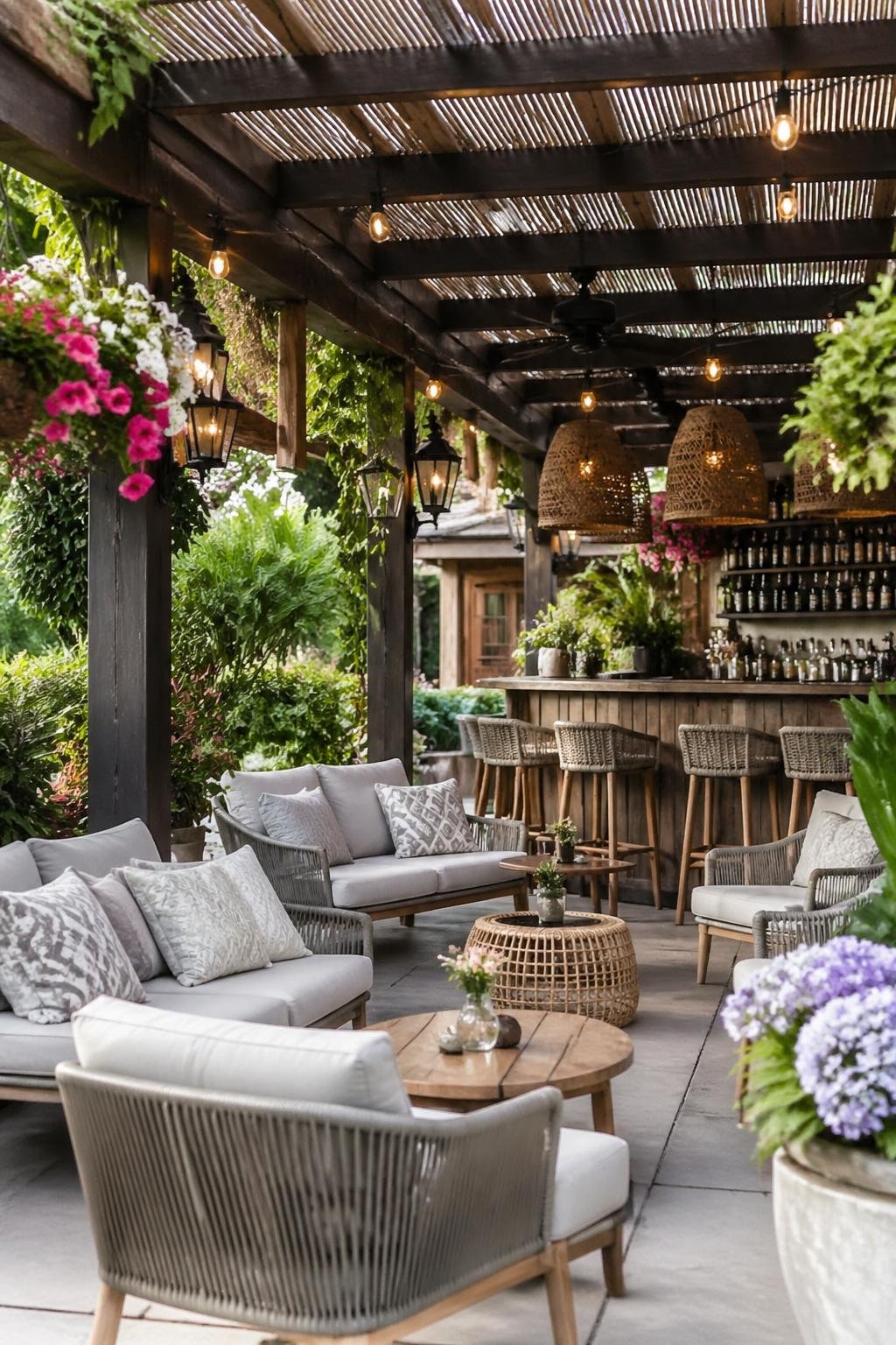A covered outdoor lounge bar with weather-resistant seating surrounded by lush garden plants and flowers.