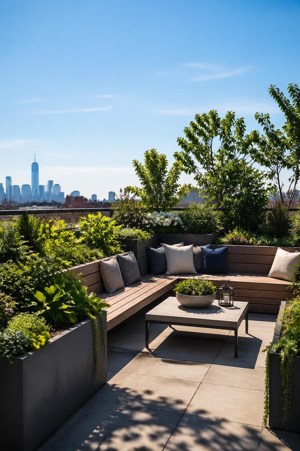 Rooftop garden with built-in wooden bench seating surrounded by large planters filled with green plants under a clear sky.