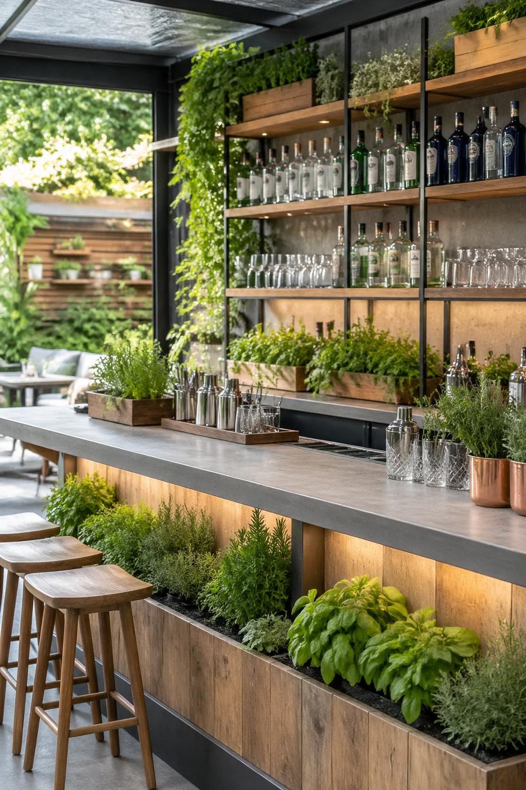 A botanical gin bar with herb planters and open wooden shelves filled with gin bottles and glassware in a bright garden setting.