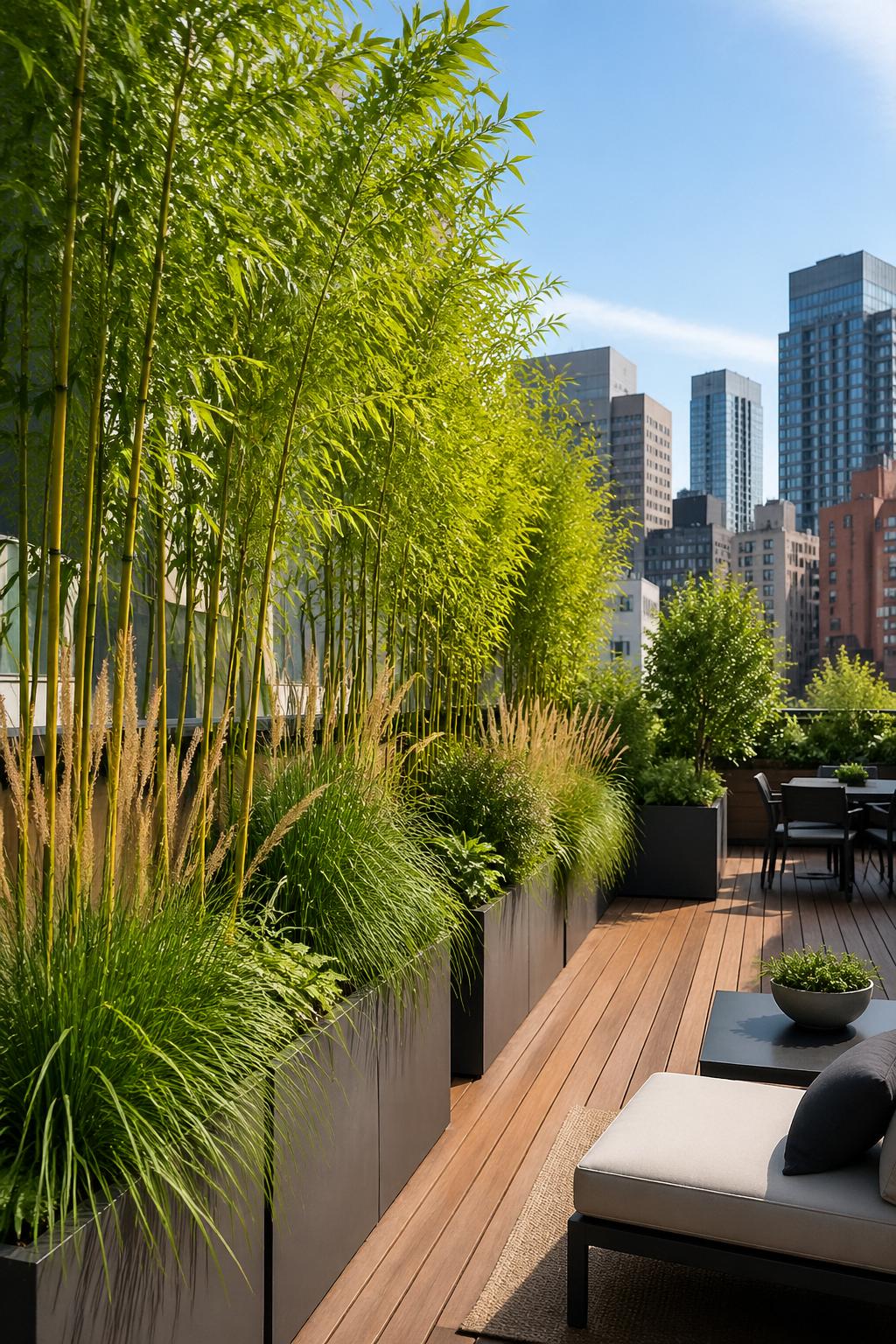 Rooftop garden with bamboo and ornamental grass windbreak border overlooking a city skyline.