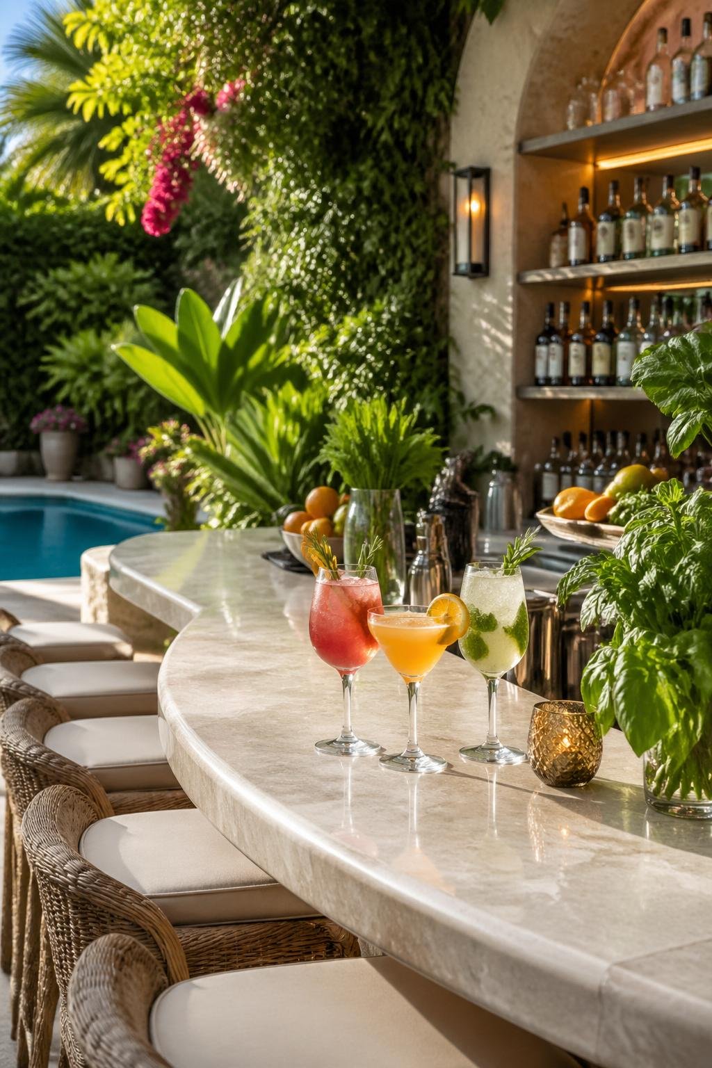 A poolside cocktail bar with a stone countertop surrounded by garden plants, colorful drinks on the counter, and bar stools nearby.