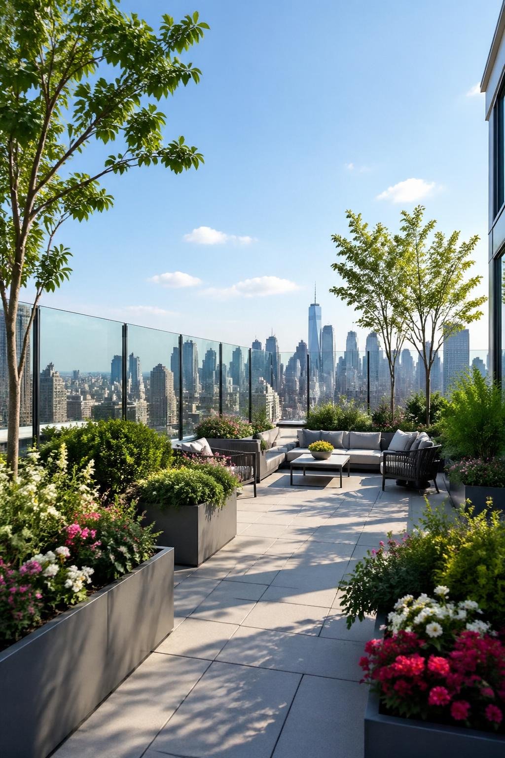A small rooftop garden with glass railings, green plants, and outdoor seating overlooking a city skyline.