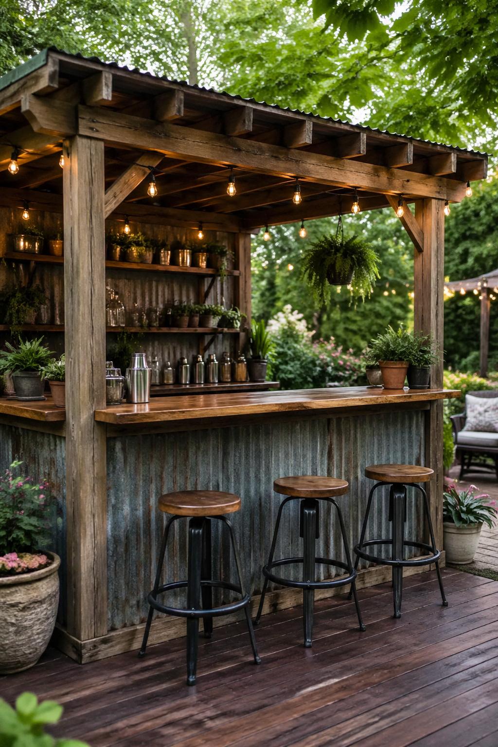 An outdoor garden bar made of corrugated metal and timber frame surrounded by plants and garden furniture.