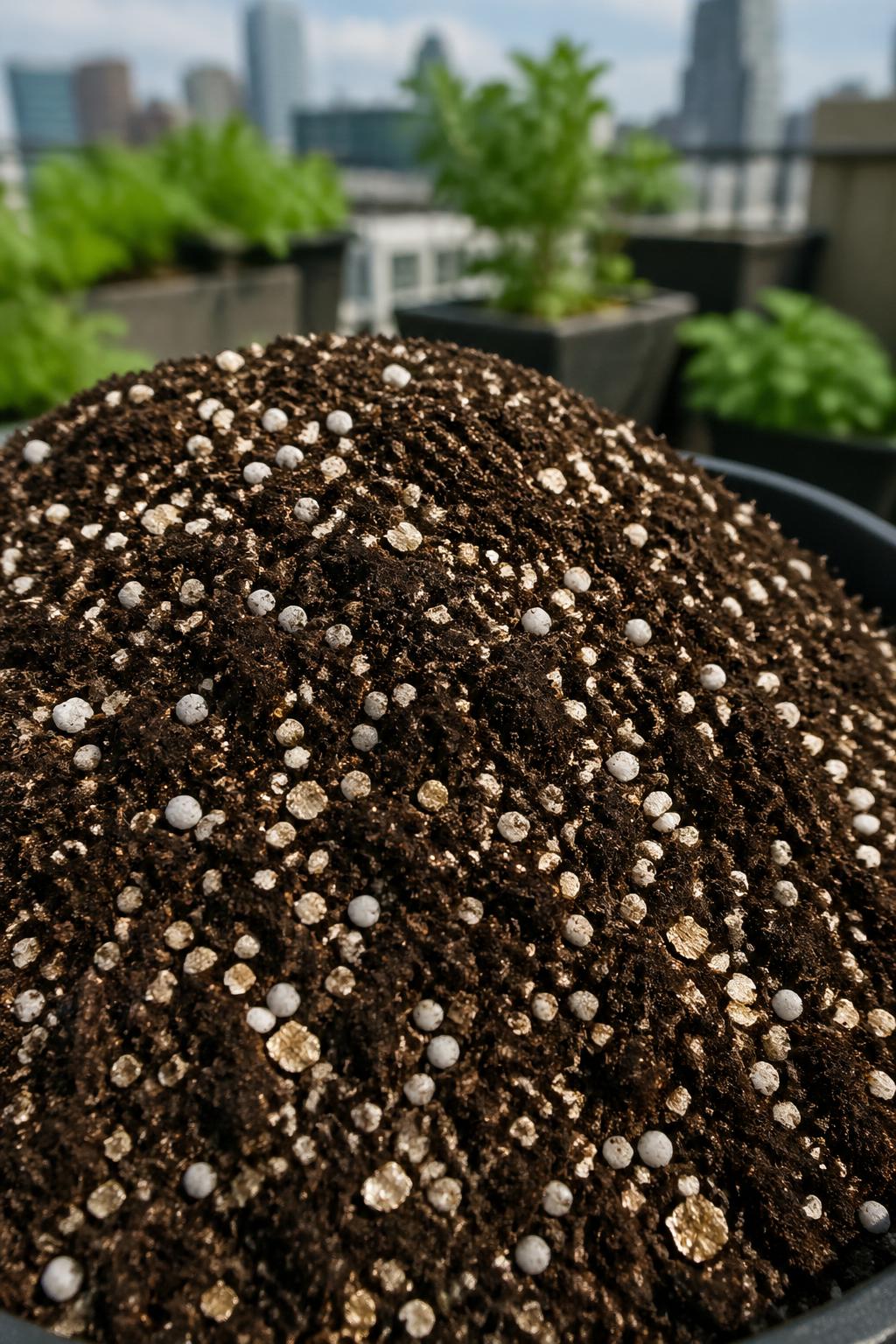 Close-up of lightweight rooftop garden soil mix containing white perlite and shiny vermiculite with blurred plants and city skyline in the background.