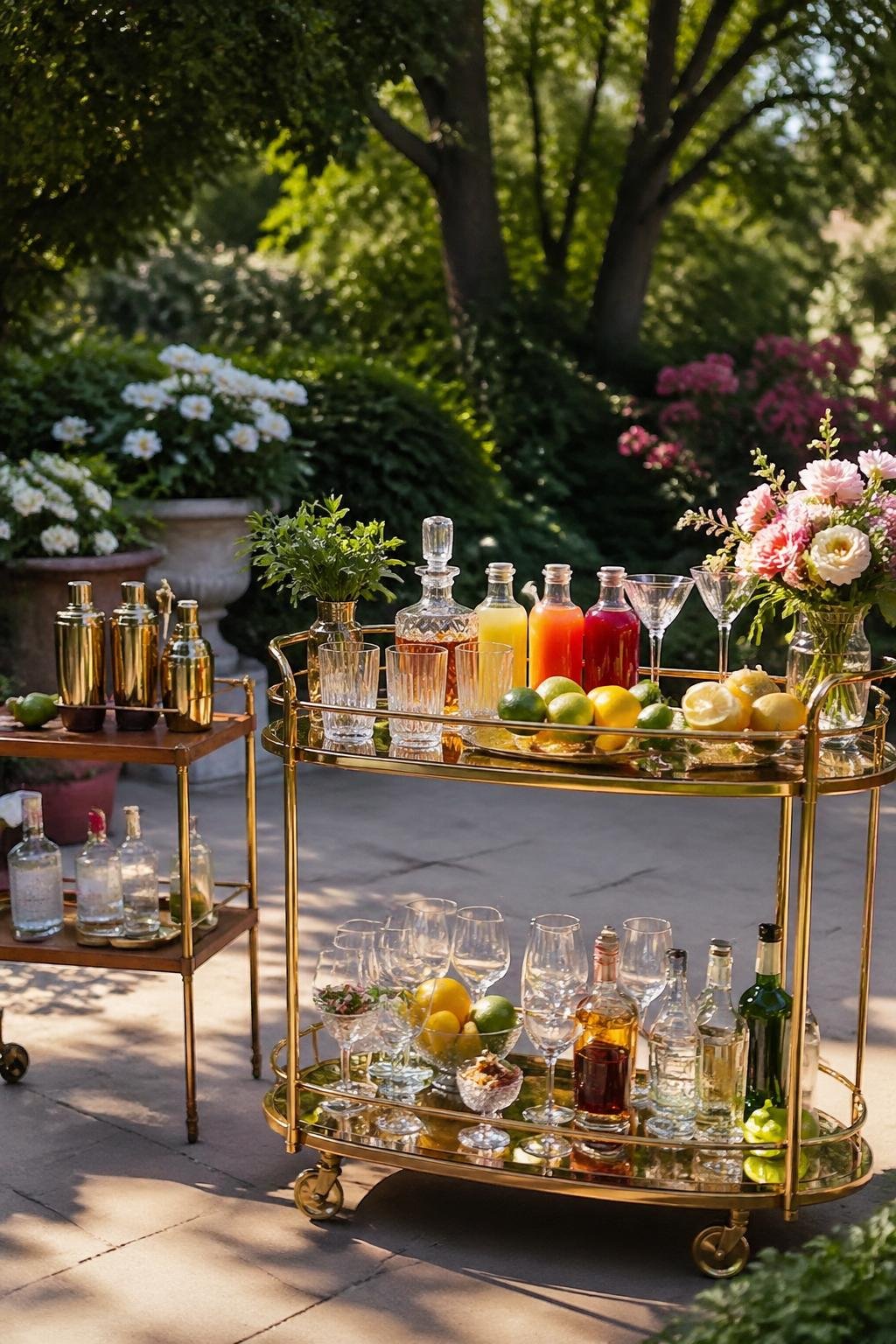 Outdoor garden bar setup with a golden drinks trolley surrounded by greenery and flowers, featuring bottles, glassware, and fresh fruits.