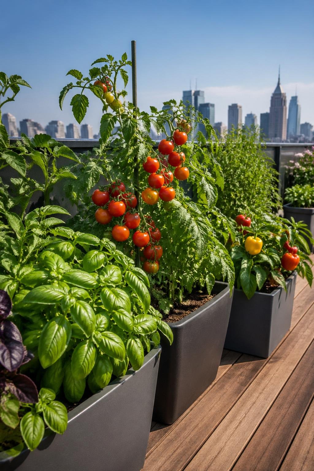 A rooftop garden with pots of basil, cherry tomatoes, and bell peppers growing under a clear sky.