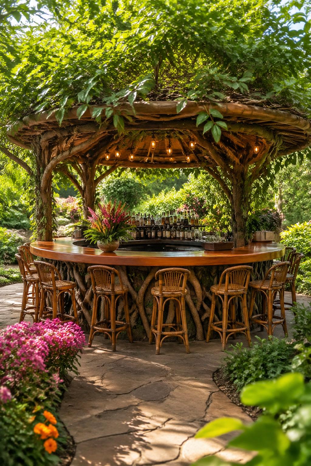 A circular garden bar wrapped with tree trunks and branches, surrounded by green plants and colorful flowers in a garden.