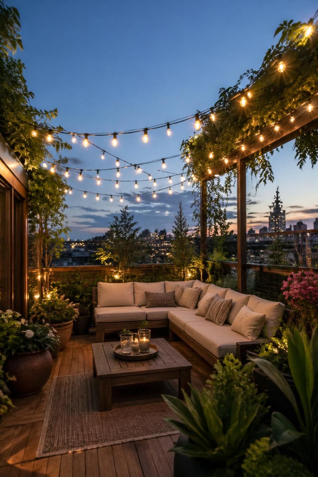 A rooftop lounge area with comfortable seating under hanging string lights surrounded by plants during early evening.