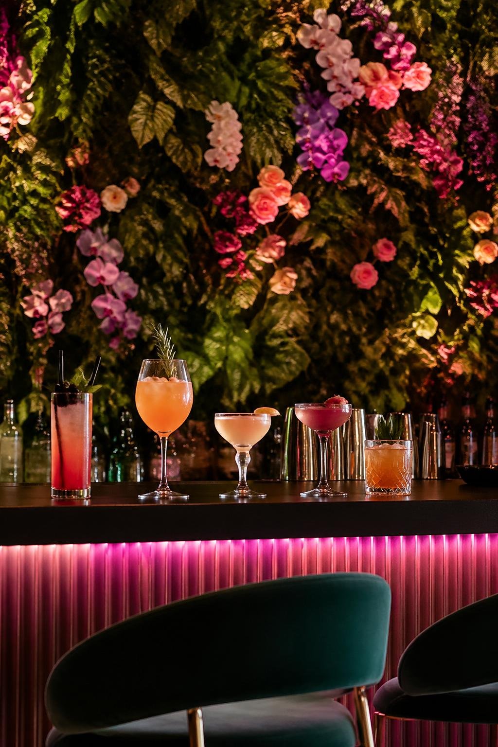 A neon-lit cocktail bar with colorful drinks in front of a wall covered in blooming flowers and green plants.