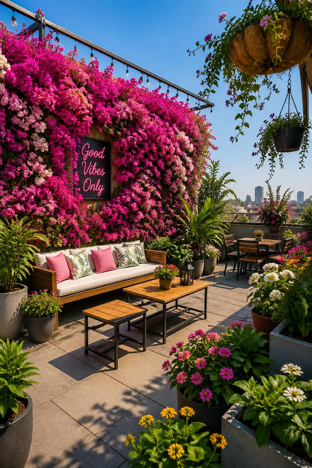 A rooftop garden with a large wall covered in bright pink bougainvillea flowers, surrounded by green plants and outdoor seating under a clear blue sky.