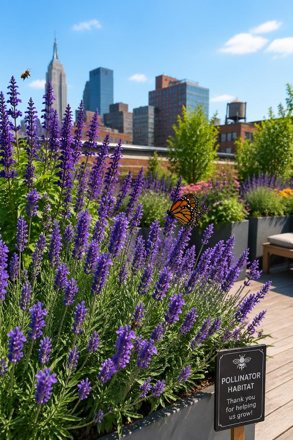 Rooftop garden with blooming lavender and salvia plants attracting bees and butterflies under a clear blue sky.