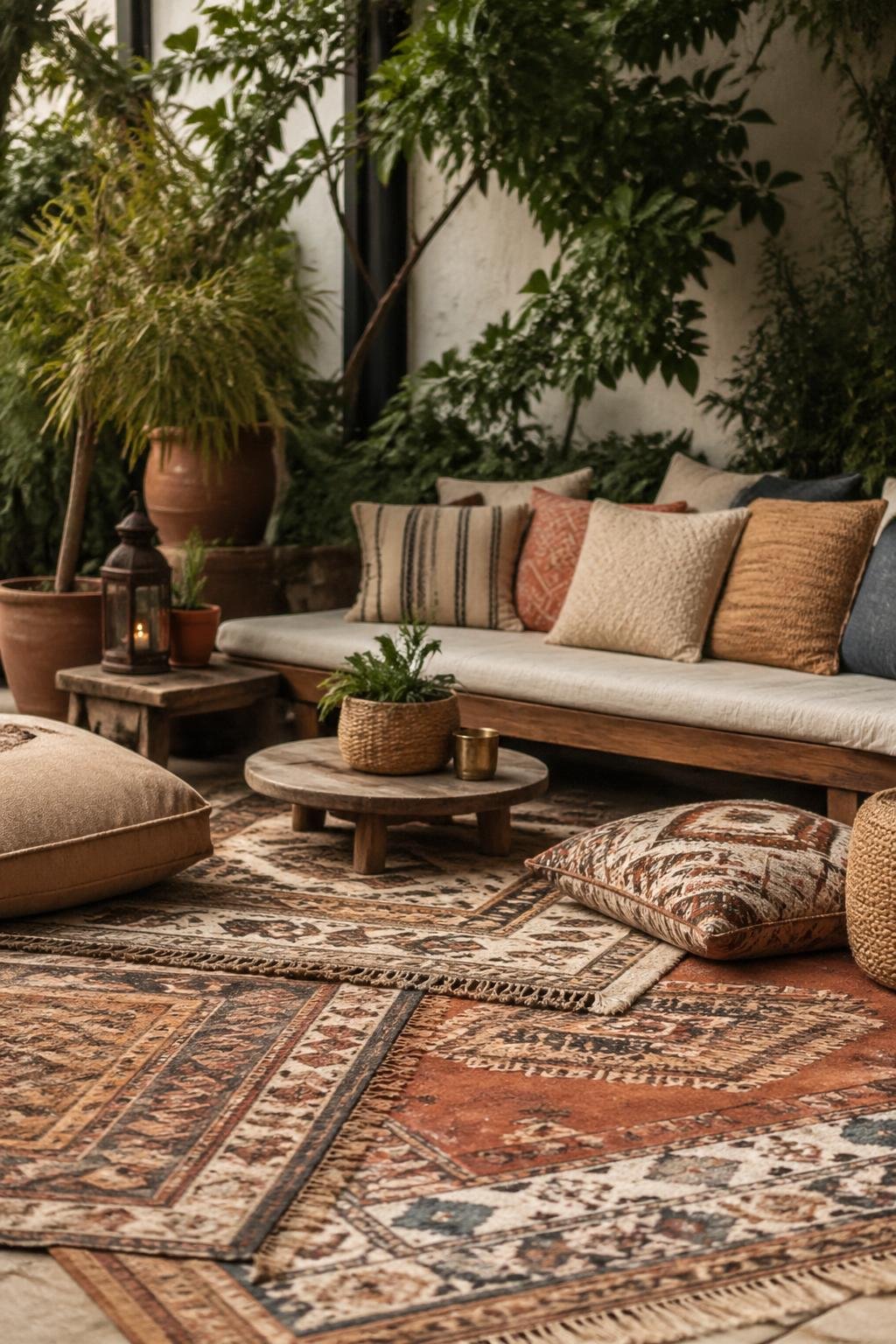 Outdoor lounge corner with layered rugs, floor cushions, low wooden seating, and surrounding plants.