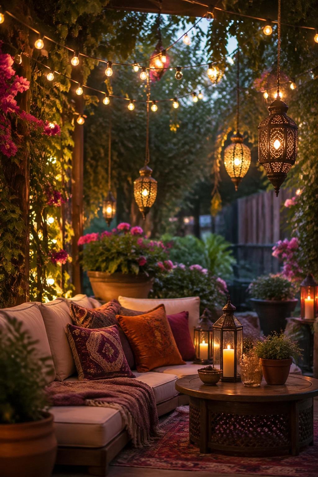 Cozy outdoor patio with string lights and Moroccan lanterns hanging above comfortable seating surrounded by plants and flowers.