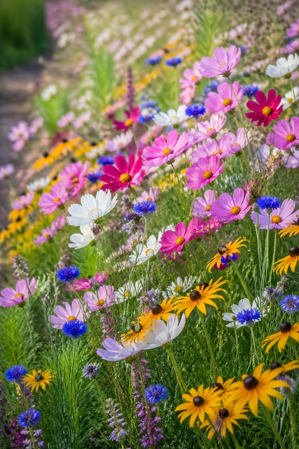 A colorful garden border filled with pink and white cosmos, blue cornflowers, and yellow black-eyed Susans in full bloom.