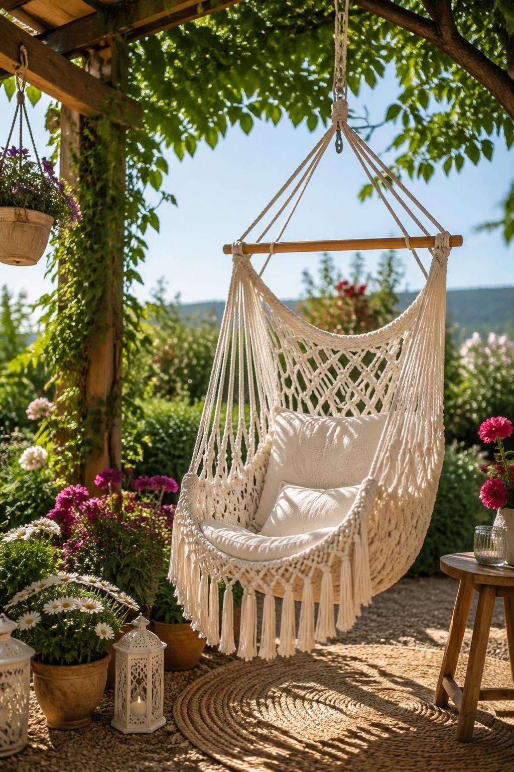 A macramé hammock swing chair hanging beneath a pergola or shade tree in a garden surrounded by plants and flowers.
