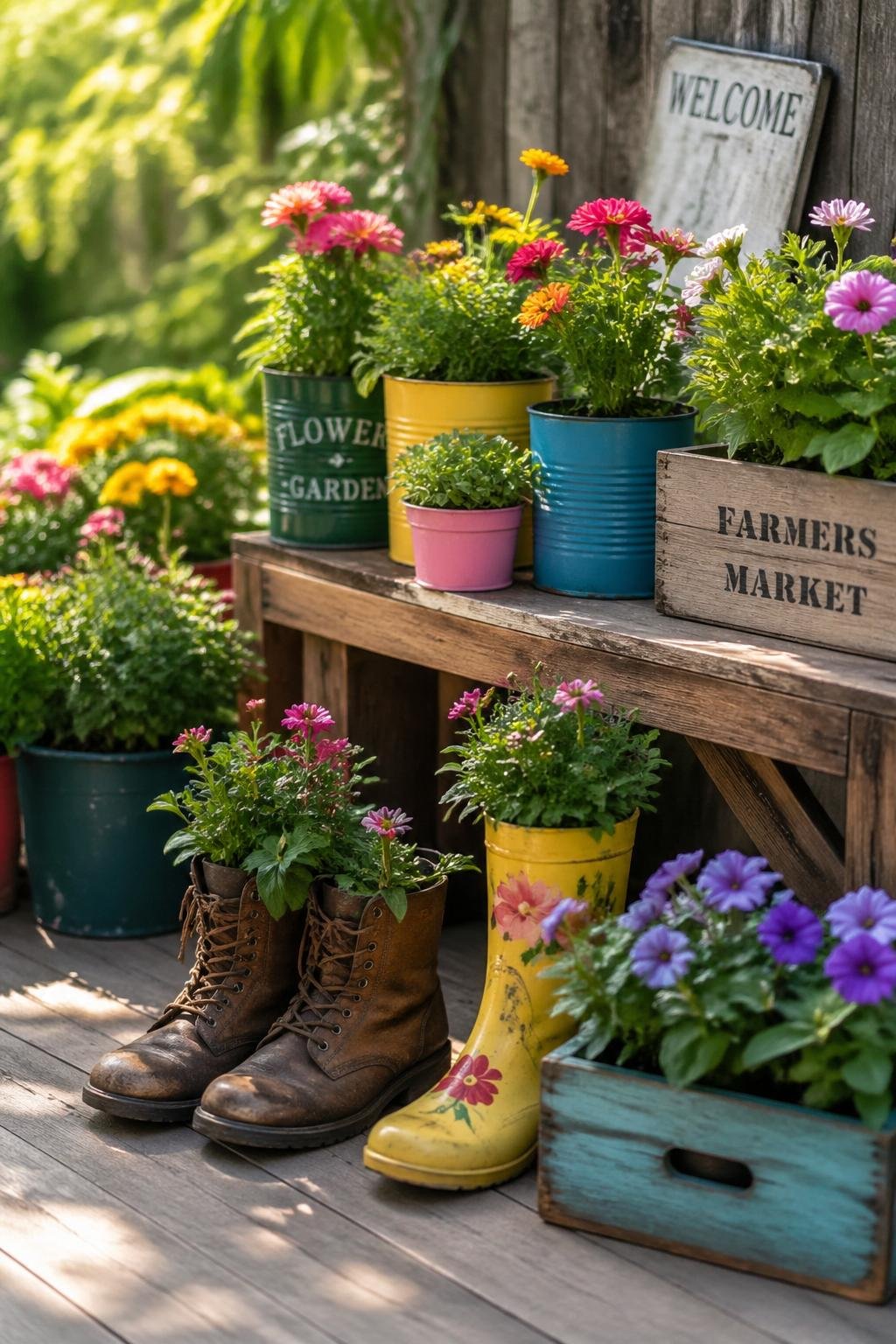 A garden scene with plants growing in vintage boots, tin cans, and wooden crates arranged outdoors on a wooden table and patio.