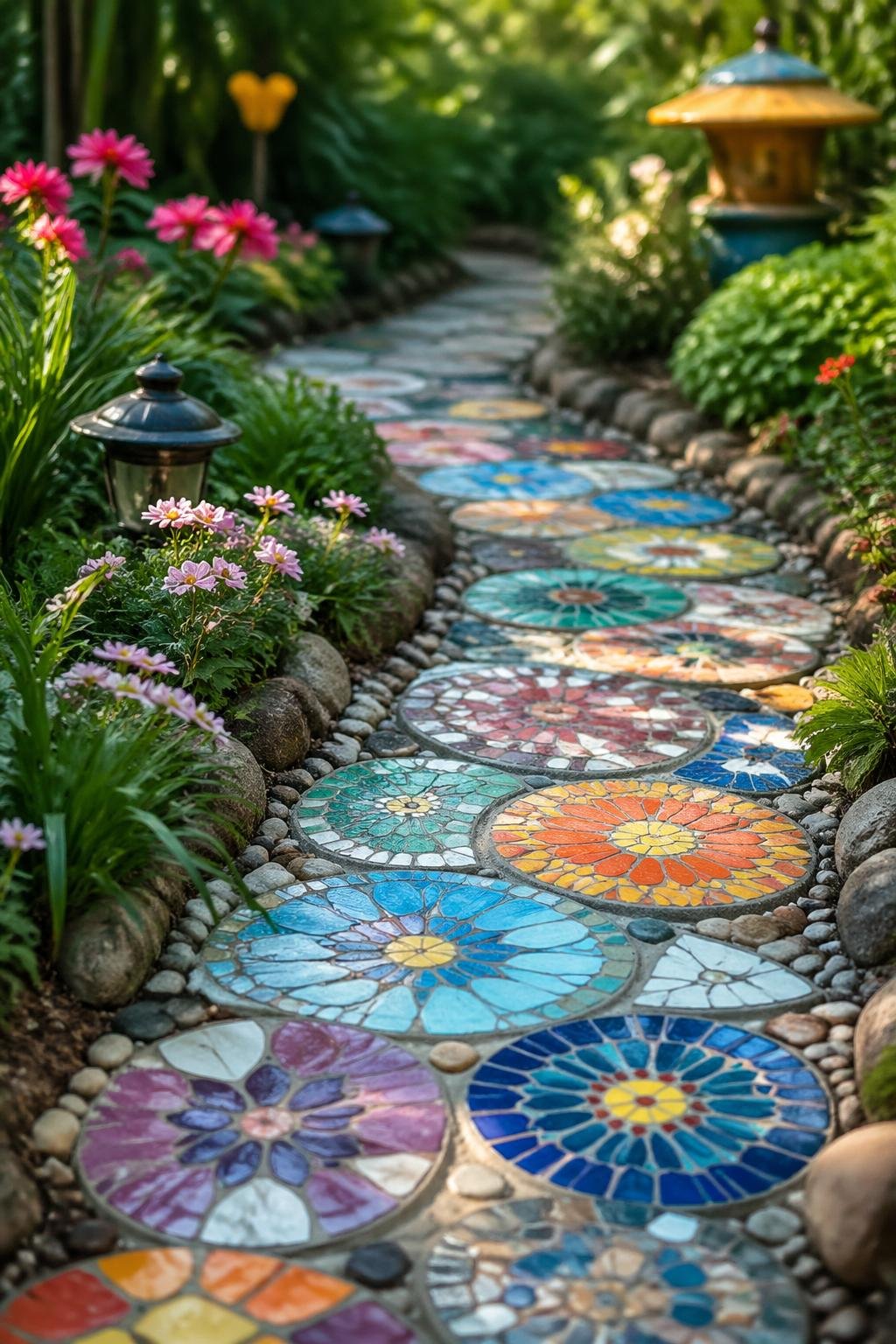 A colorful mosaic stepping-stone pathway surrounded by green plants and flowers in a garden.