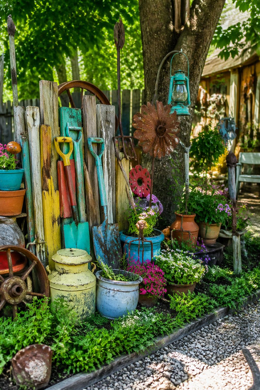 An outdoor garden filled with colorful painted tools, salvaged wooden signs, vintage pots, and various decorative objects surrounded by green plants and flowers.