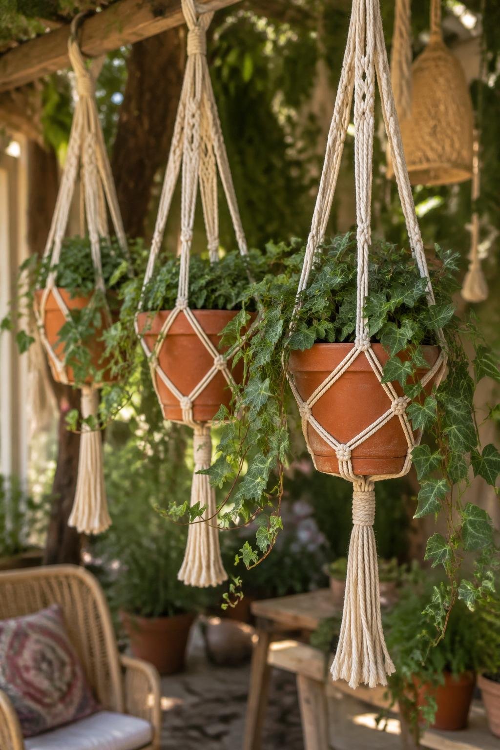 Close-up of terracotta pots with trailing ivy hanging in macramé plant hangers in a garden setting.