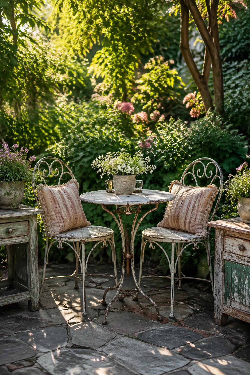 Outdoor vintage bistro set with fringed pillows and weathered side tables surrounded by green plants in a garden.