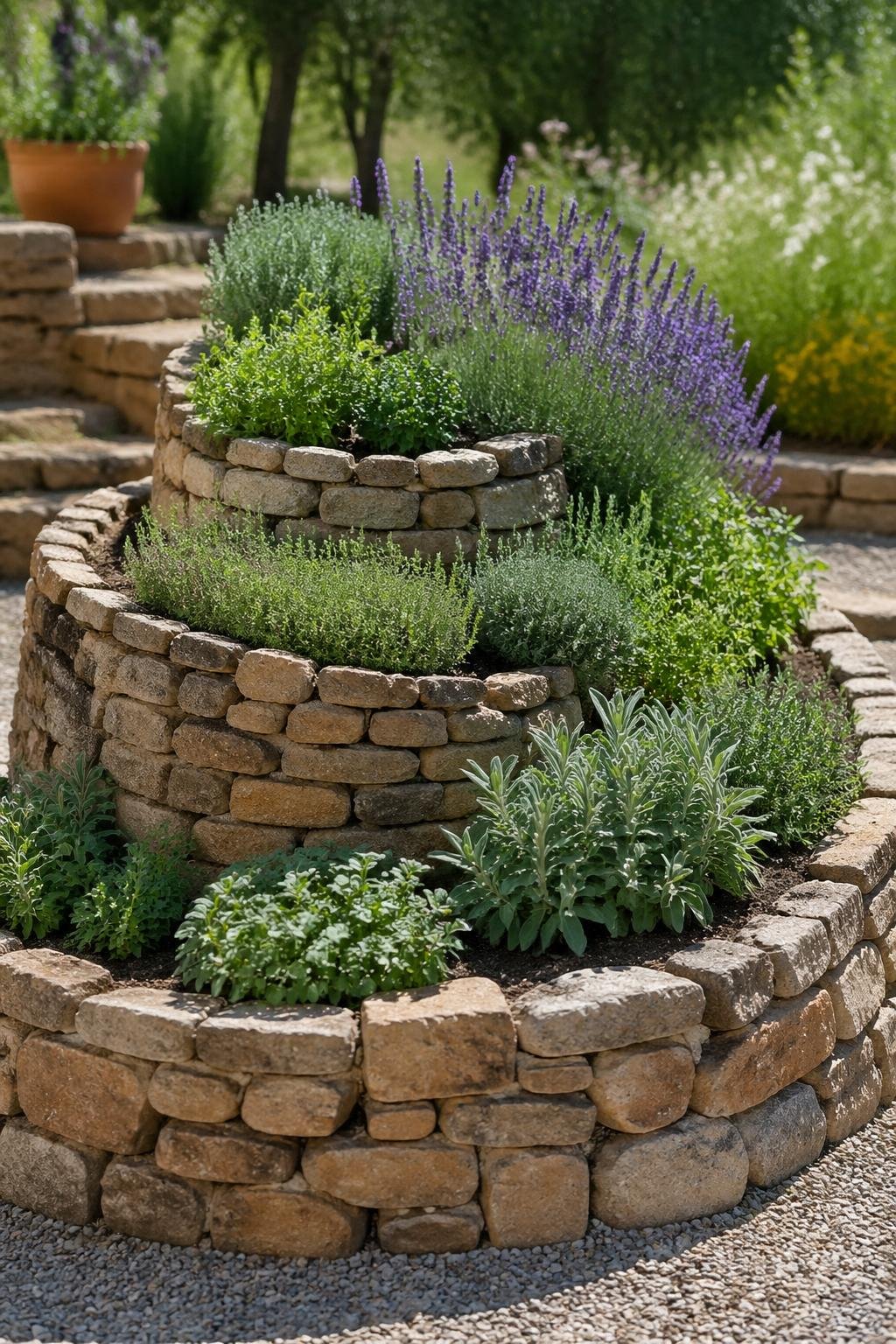 A stone herb spiral garden planted with lavender, thyme, and sage in an outdoor setting.