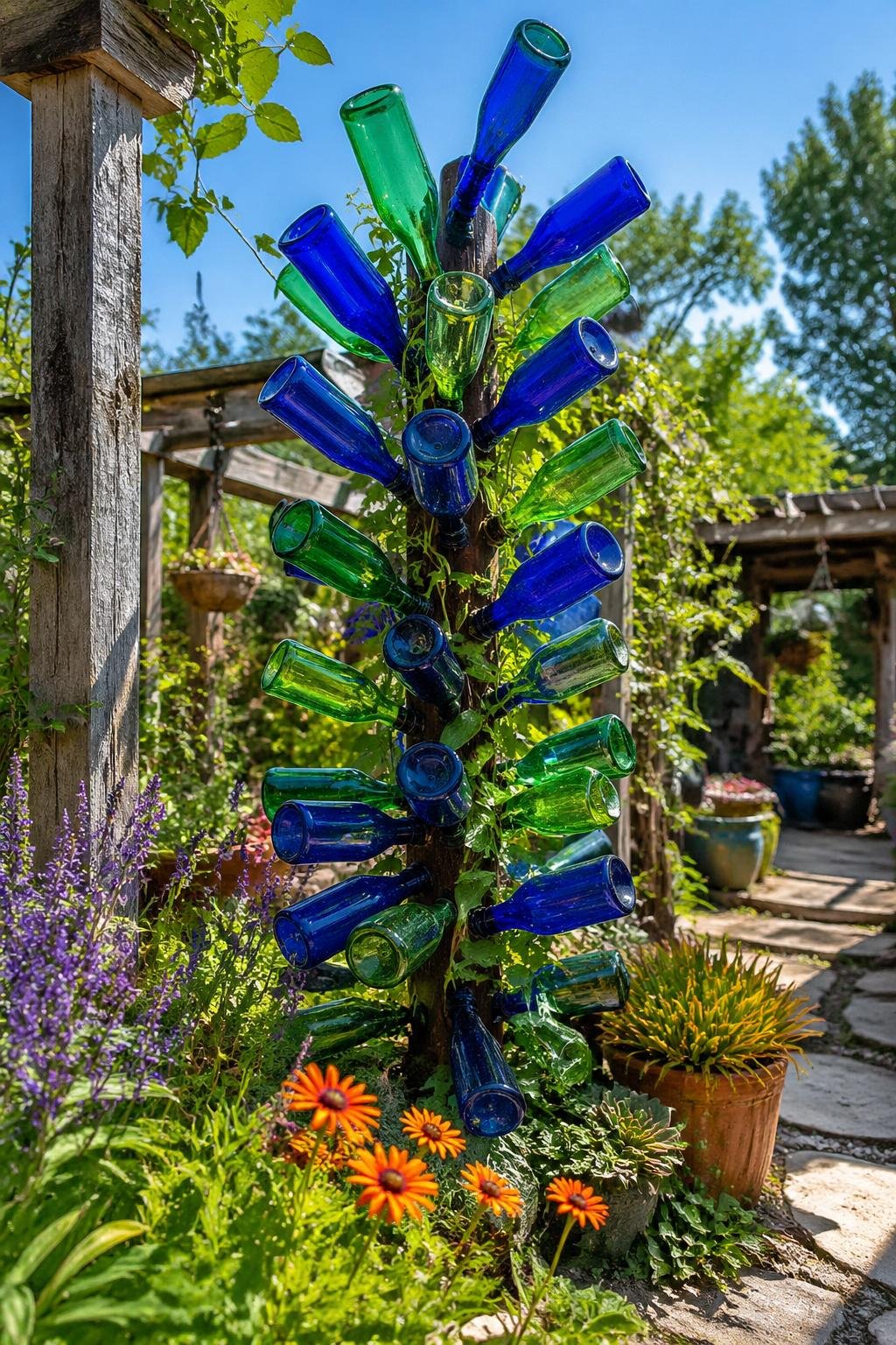 A tall bottle tree sculpture made of blue and green glass bottles surrounded by green plants and flowers in a garden.