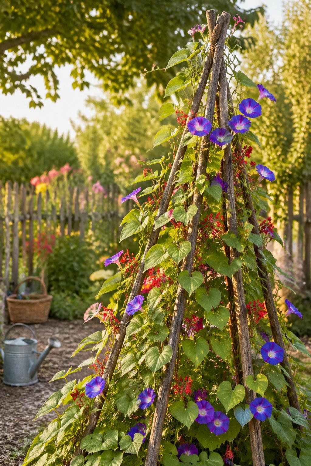 A garden scene with a wooden teepee trellis covered in scarlet runner beans and blooming morning glories surrounded by greenery.