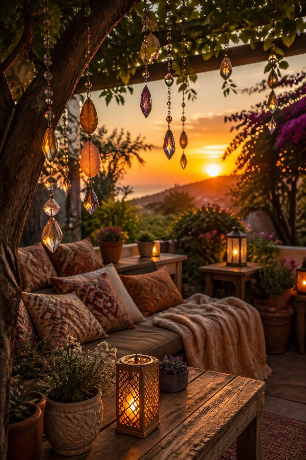 A cozy outdoor seating nook at sunset with hanging gemstone suncatchers and glowing solar lanterns surrounded by garden plants.