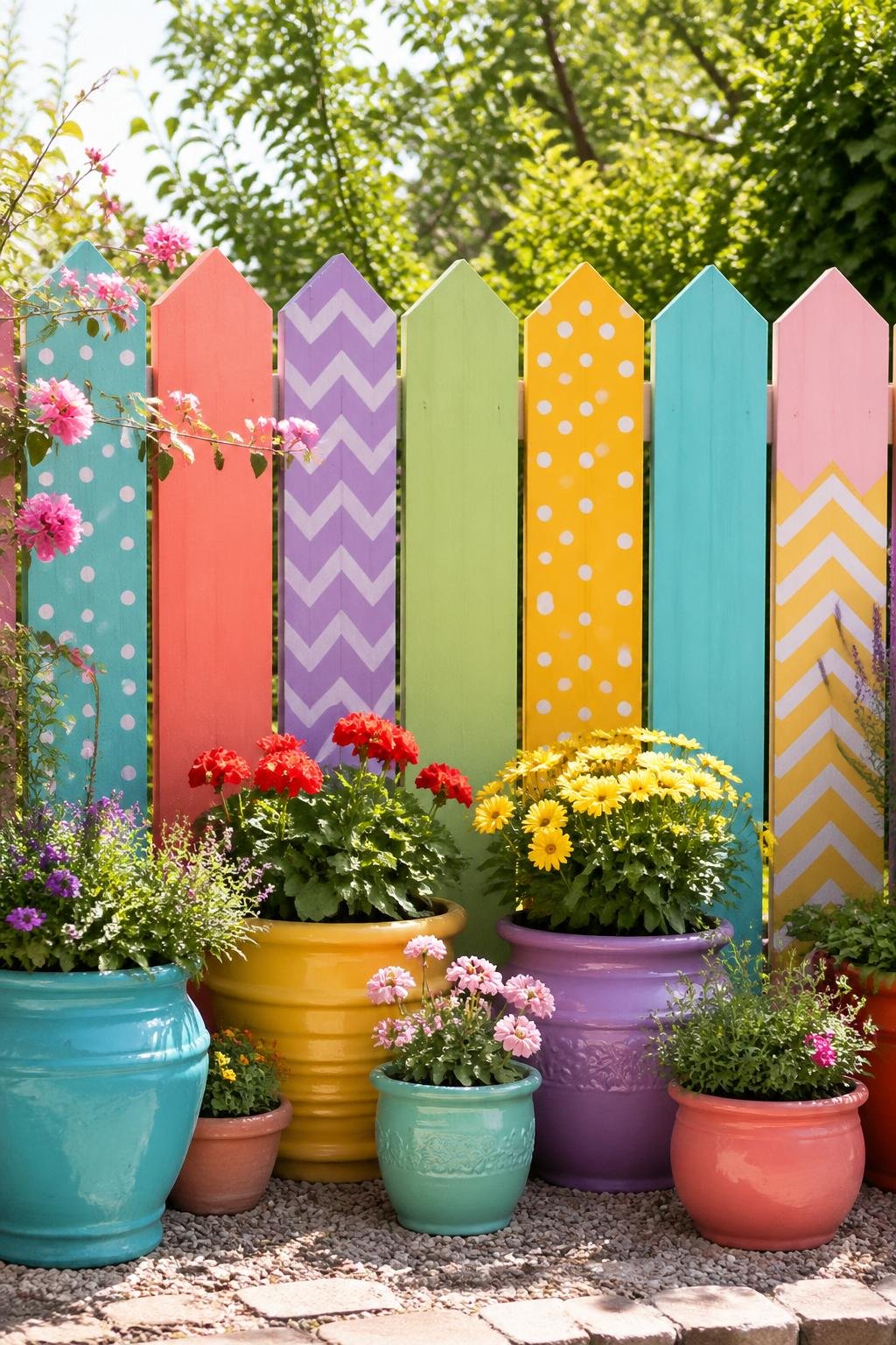 A colorful garden with painted fence panels and bright planters filled with green plants and flowers.