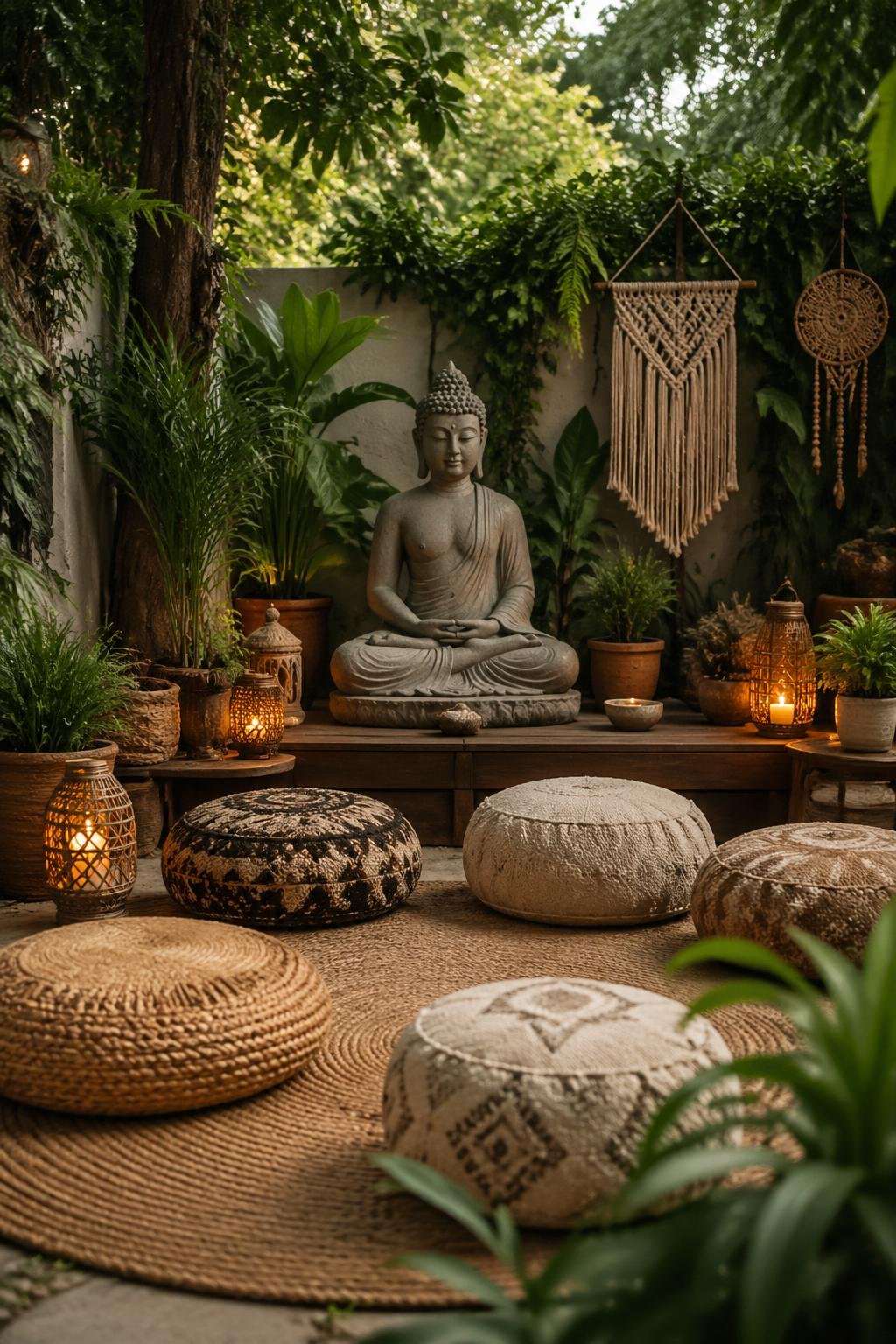 Outdoor meditation corner with a Buddha statue, floor poufs, candle lanterns, and surrounding plants.